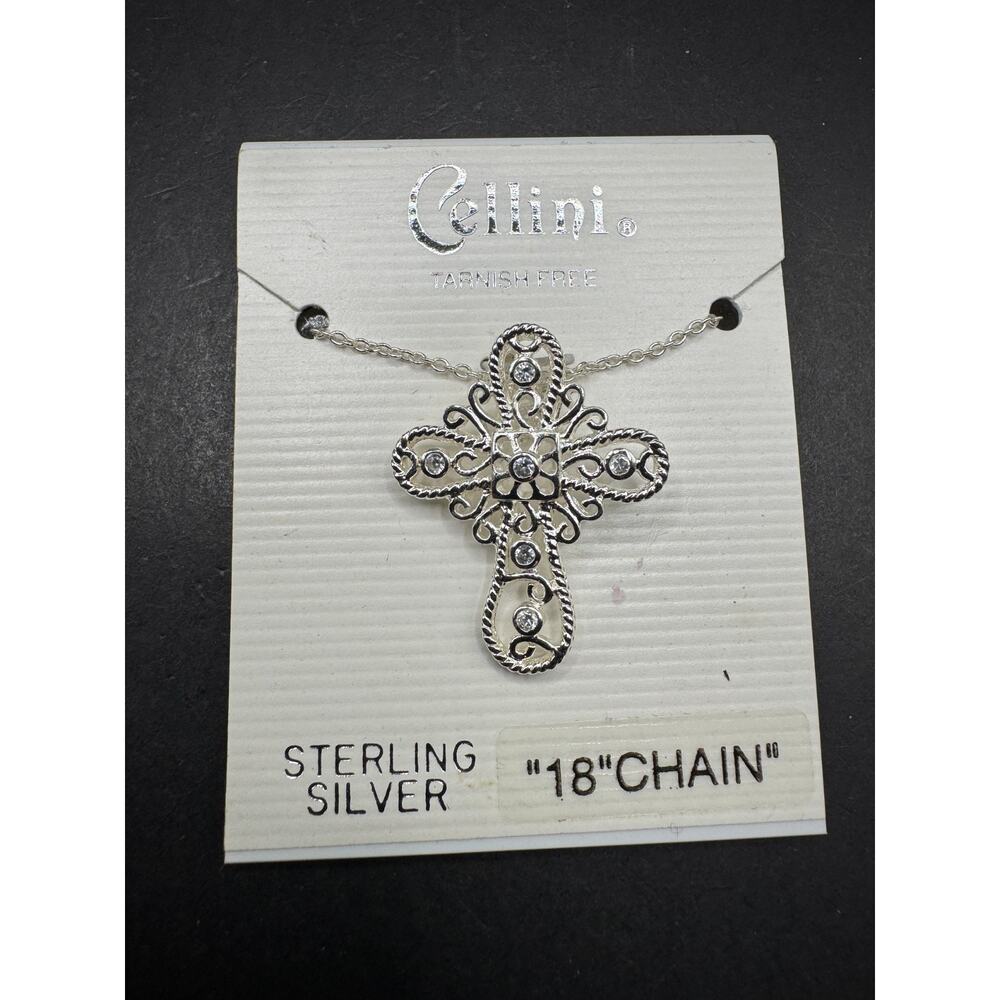 Cellini Sterling Silver 925 Filigree Cross Pendant Necklace Clear Crystals New